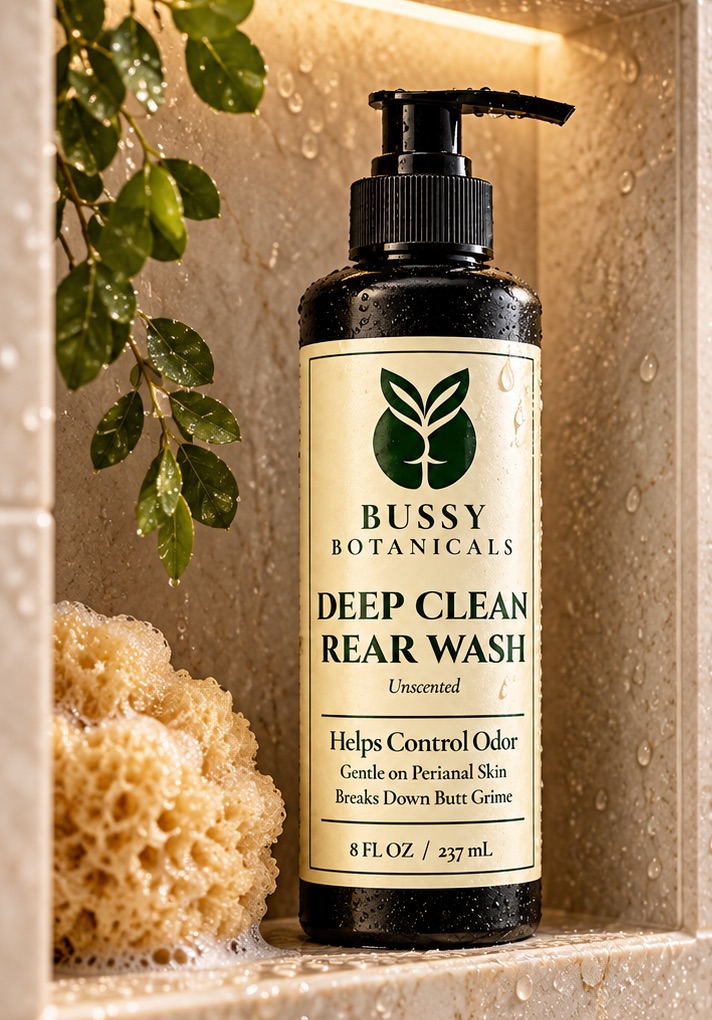 Bussy Botanicals Deep Clean Rear Wash bottle beside a natural sponge