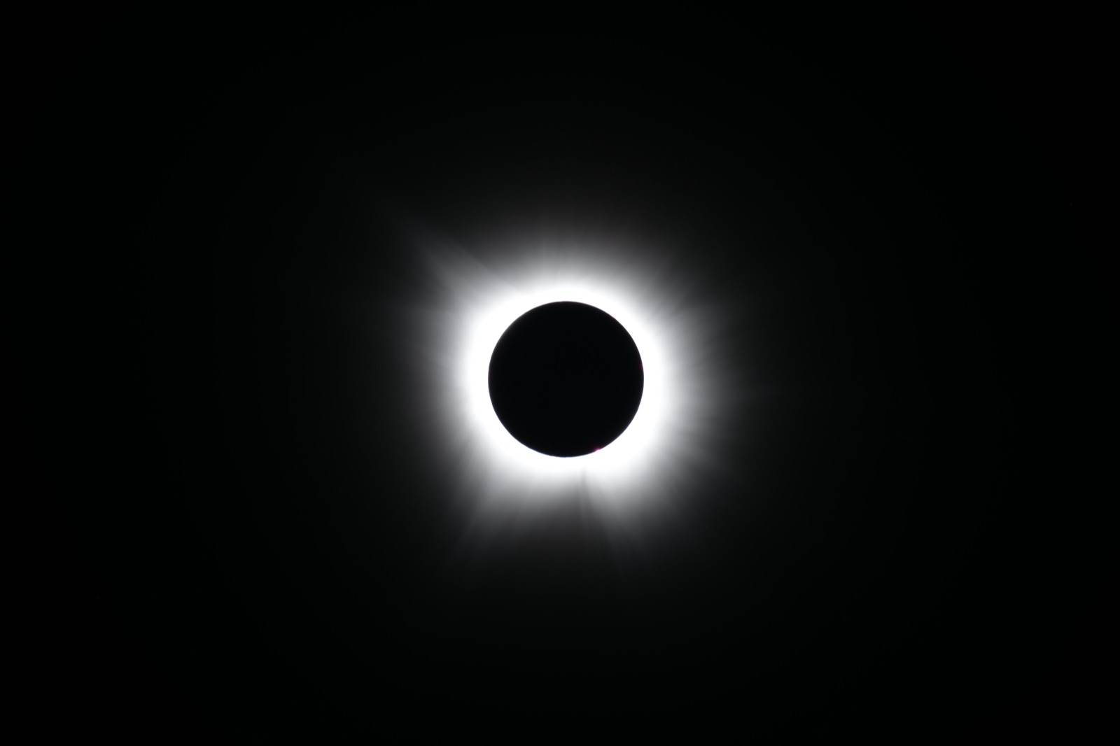 The solar corona surrounding the moon at totality, April 2024