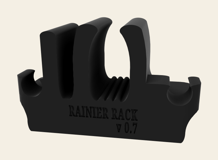 Render of the RainierRack Mini, a black magnetic rack with ski and board slots